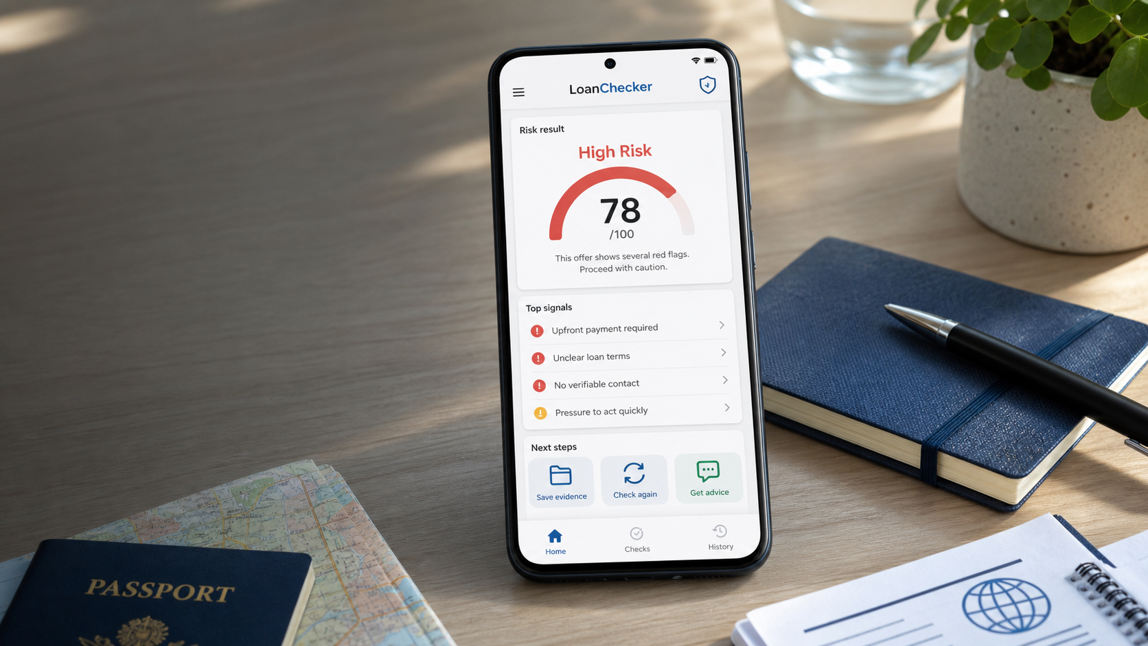 LoanChecker app risk result on an Android phone